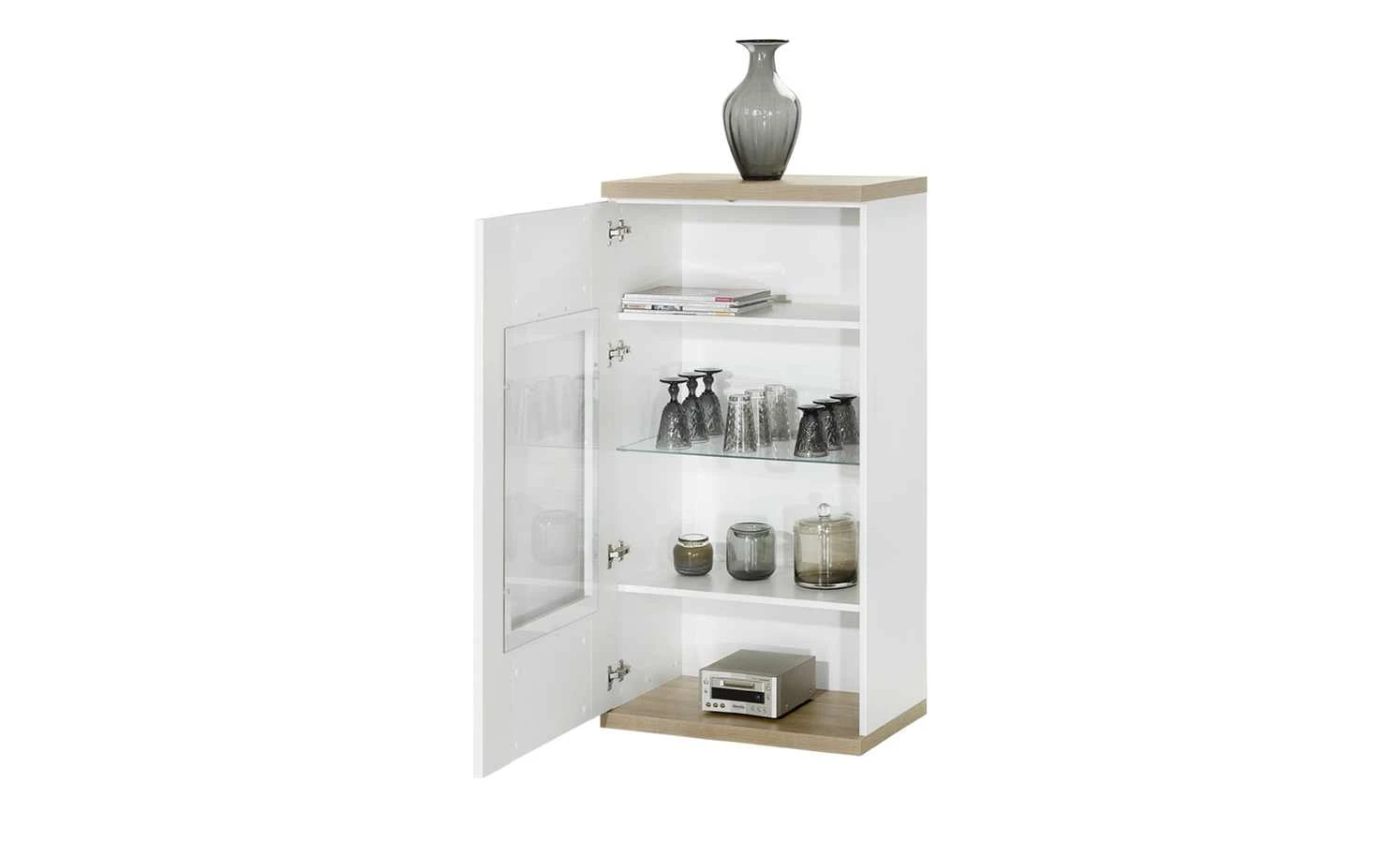 uno Vitrine Titan | Weiß / Eiche sägerau (Nachbildung) links Spotbeleuchtung 2 uno Vitrine Titan | Weiß / Eiche sägerau (Nachbildung) links Spotbeleuchtung – Bild 2