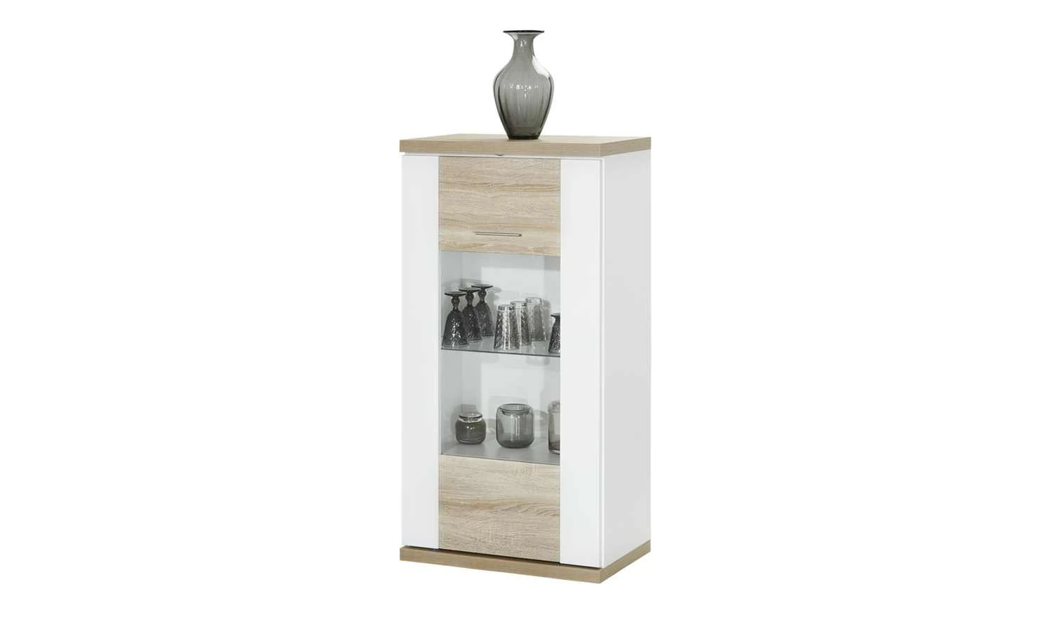 uno Vitrine Titan | Weiß / Eiche sägerau (Nachbildung) links Spotbeleuchtung 3 uno Vitrine Titan | Weiß / Eiche sägerau (Nachbildung) links Spotbeleuchtung – Bild 3