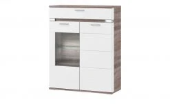 uno Highboard Katt | Weiß / Eiche Trüffel (Nachbildung) Frontbeleuchtung Glastür links