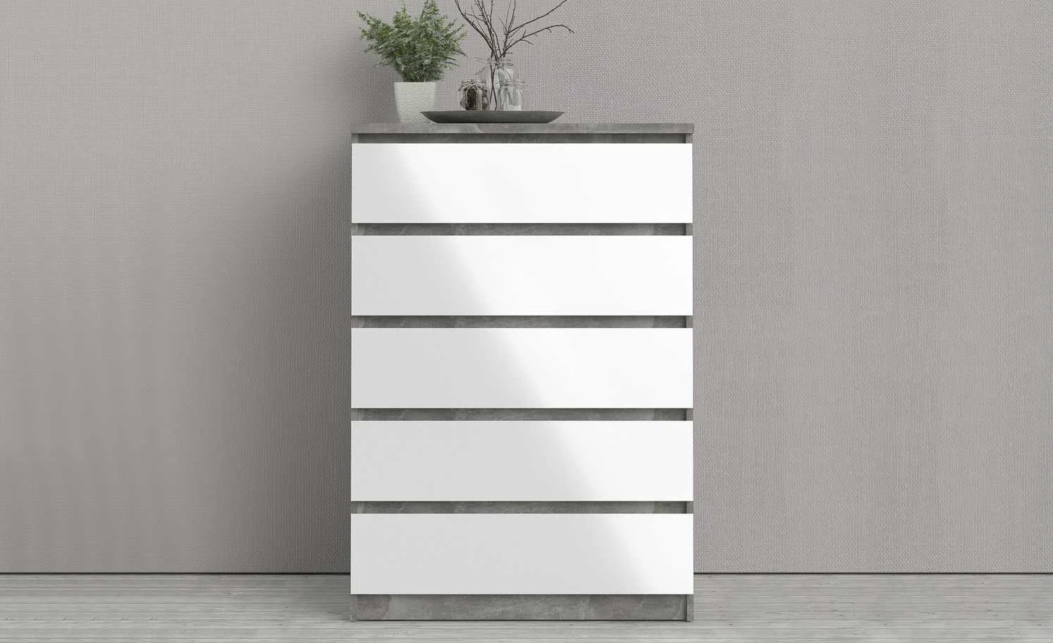 Kommode mit 5 Schüben Nardo | Beton (Nachbildung) / Weiß 111,3|cm 1 Kommode mit 5 Schüben Nardo | Beton (Nachbildung) / Weiß 111,3|cm